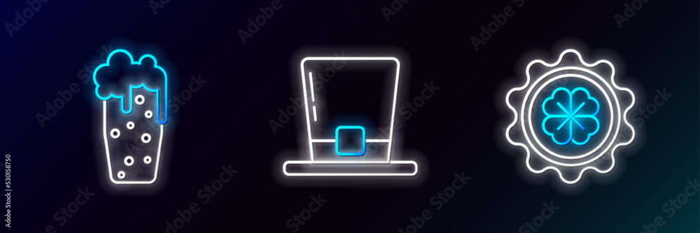 Set line Bottle cap with four leaf clover, Glass of beer and Leprechaun hat icon. Glowing neon. Vector Set line Bottle cap with four leaf clover, Glass of beer and Leprechaun hat icon. Glowing neon. Vector
