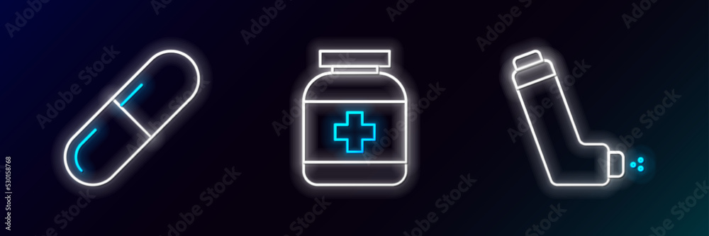 Set line Inhaler, Medicine pill or tablet and bottle icon. Glowing neon. Vector Set line Inhaler, Medicine pill or tablet and bottle icon. Glowing neon. Vector