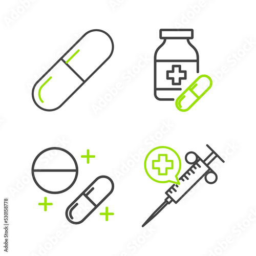 Set line Medical syringe with needle, Medicine pill or tablet, bottle and pills and icon. Vector