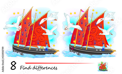 Find 8 differences. Illustration of ancient Celtic sailboat and seagulls. Logic puzzle game for children and adults. Page for kids brain teaser book. Developing counting skills. Vector drawing.