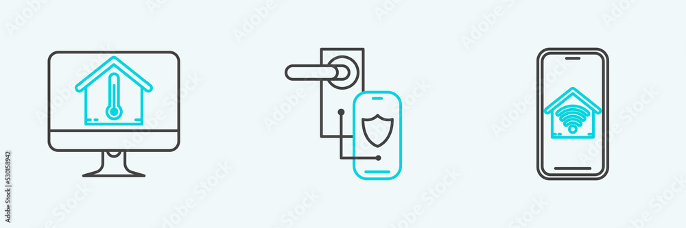 Set line Mobile phone with smart home with wi-fi, Computer monitor house temperature and Digital door lock wireless technology for lock icon. Vector