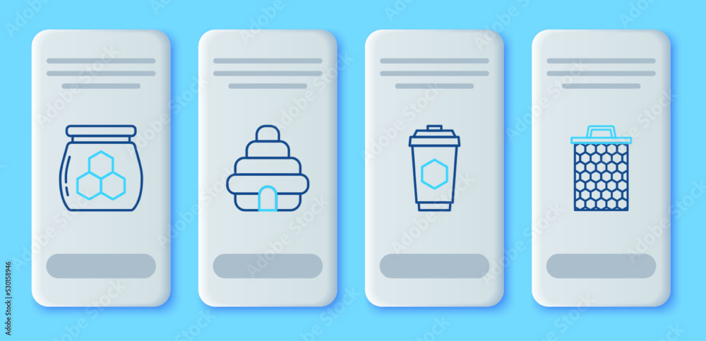 Set line Hive for bees, Cup of tea with honey, Jar and Honeycomb icon. Vector Set line Hive for bees, Cup of tea with honey, Jar and Honeycomb icon. Vector