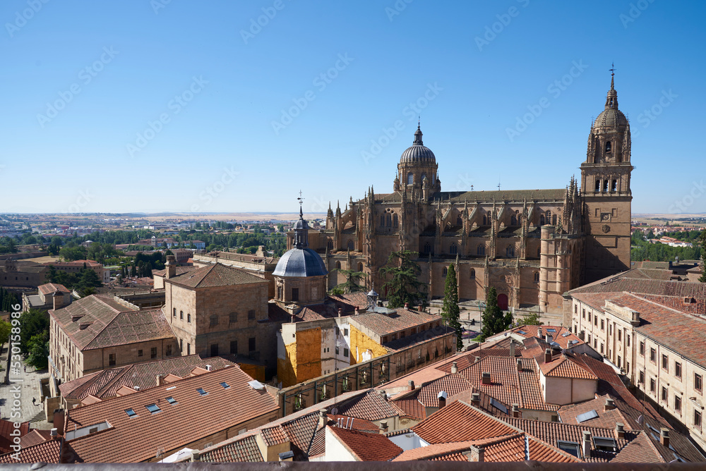 Salamanca, Spain - June, 28, 2022, Panoramic view of the cathedral of Salamanca, Castilla y León, Spain, on the Ieronimus excursion.
