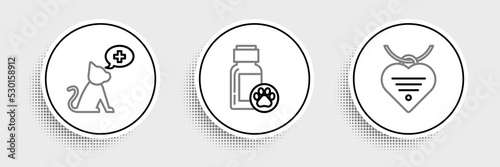 Set line Collar with name tag and heart, Veterinary clinic symbol and Dog medicine bottle icon. Vector