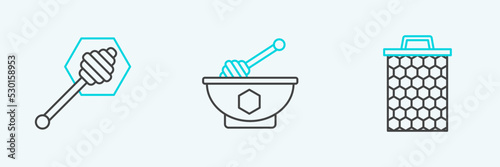 Set line Honeycomb, dipper stick and and bowl icon. Vector