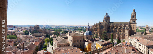 Salamanca, Spain - June, 28, 2022, Panoramic view of the cathedral of Salamanca, Castilla y León, Spain, on the Ieronimus excursion.