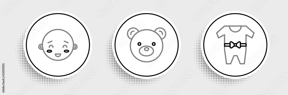 Set line Baby clothes, Happy little boy head and Teddy bear plush toy icon. Vector Set line Baby clothes, Happy little boy head and Teddy bear plush toy icon. Vector