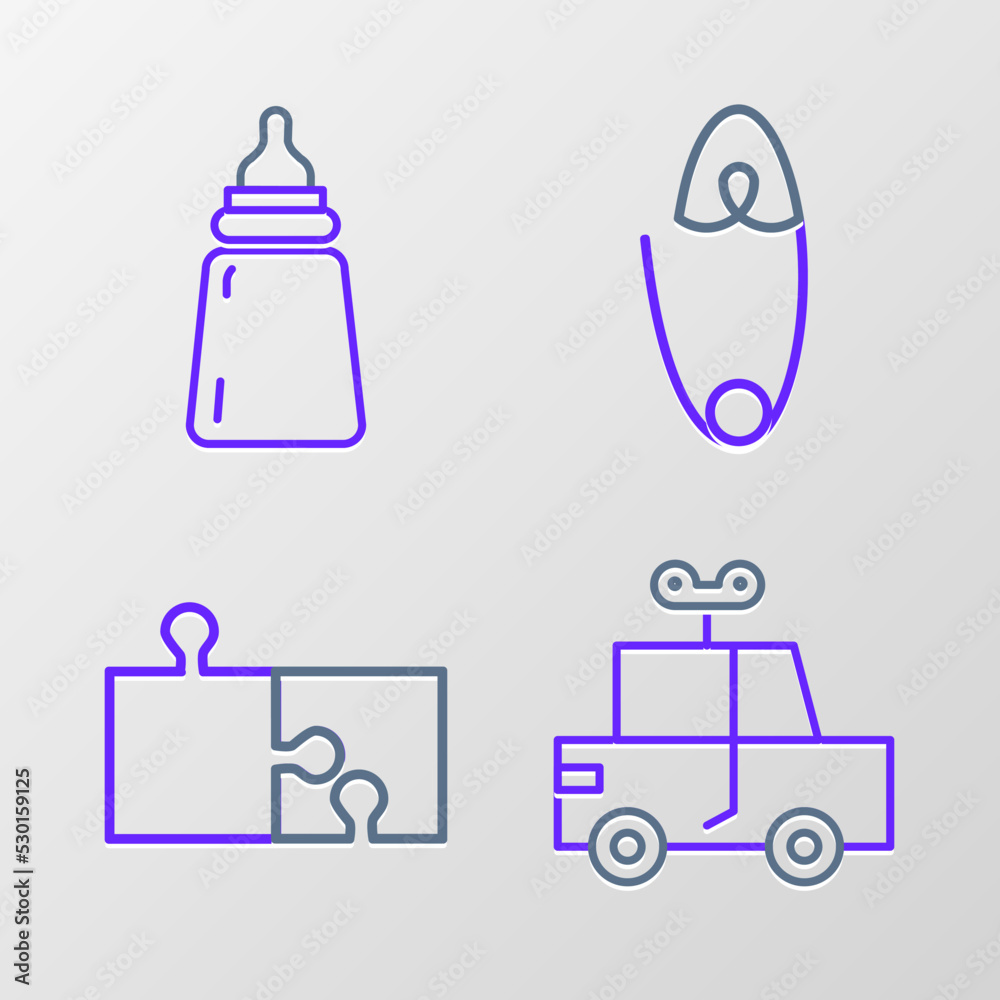 Set line Toy car, Piece of puzzle, Classic steel safety pin and Baby bottle icon. Vector Set line Toy car, Piece of puzzle, Classic steel safety pin and Baby bottle icon. Vector