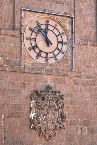 Salamanca, Spain - June, 28, 2022, coat of arms on the tower of the New Cathedral of Salamanca.