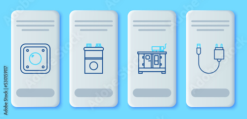 Set line Car battery, Diesel power generator, Electric light switch and Charger icon. Vector