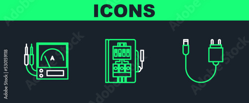 Set line Charger, Ampere meter, multimeter, voltmeter and Electrical panel icon. Vector