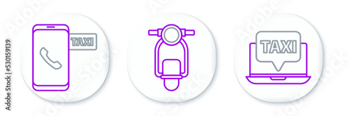 Set line Laptop call taxi service, Taxi telephone and Scooter icon. Vector
