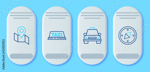 Set line Taxi car roof, Folded map with location marker and Compass icon. Vector
