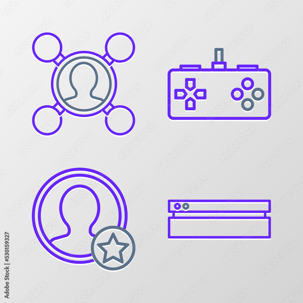 Set line Video game console, Premium create account screen, Gamepad and Share icon. Vector Set line Video game console, Premium create account screen, Gamepad and Share icon. Vector
