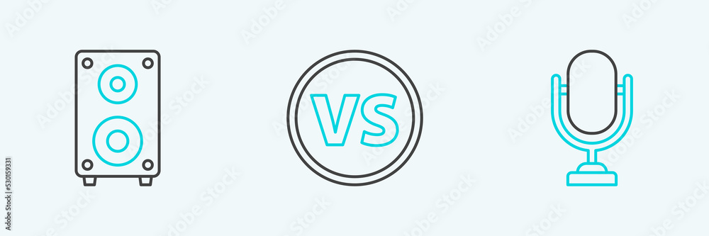 Set line Microphone, Stereo speaker and VS Versus battle icon. Vector