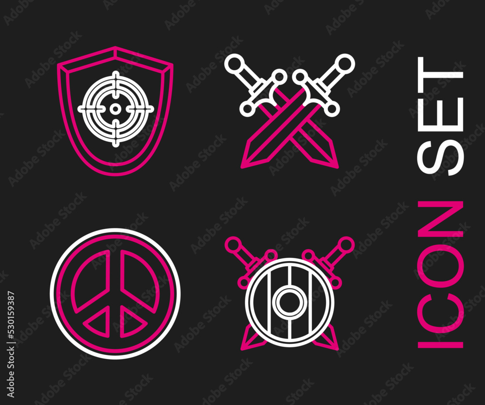 Set line Wooden shield with crossed swords, Peace, Crossed medieval and Target sport icon. Vector Set line Wooden shield with crossed swords, Peace, Crossed medieval and Target sport icon. Vector