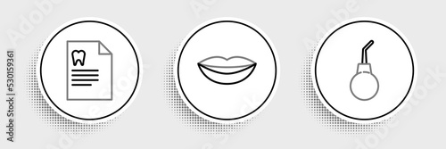 Set line Enema pear, Clipboard with dental card and Smiling lips icon. Vector