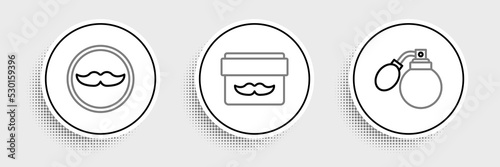 Set line Aftershave bottle with atomizer, Mustache and Cream or lotion cosmetic jar icon. Vector