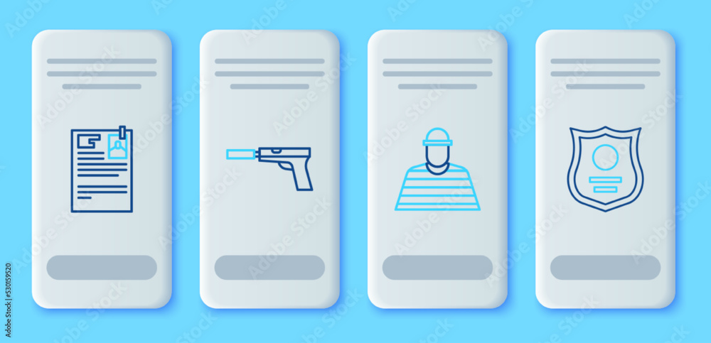 Set line Pistol or gun with silencer, Prisoner, Lawsuit paper and Police badge icon. Vector