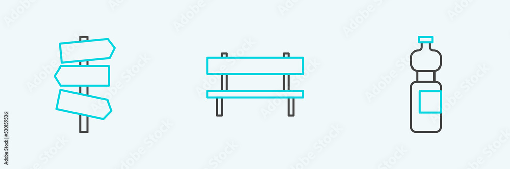 Set line Bottle of water, Road traffic signpost and Bench icon. Vector Set line Bottle of water, Road traffic signpost and Bench icon. Vector