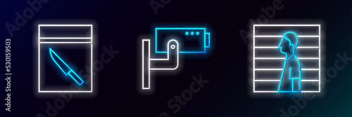 Set line Suspect criminal, Evidence bag and knife and Security camera icon. Glowing neon. Vector