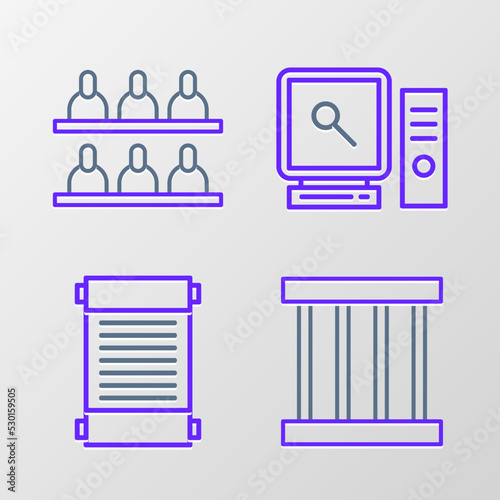 Set line Prison window, Decree, paper, parchment, scroll, Search computer screen and Jurors icon. Vector