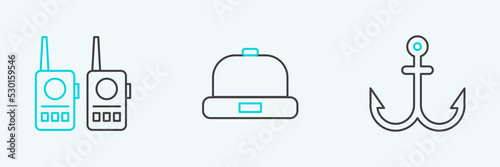 Set line Anchor, Walkie talkie and Beanie hat icon. Vector