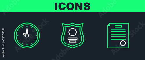 Set line The arrest warrant, Clock and Police badge icon. Vector