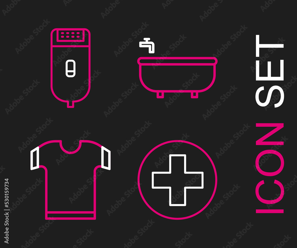 Set line Cross hospital medical, T-shirt, Bathtub and Electrical hair clipper or shaver icon. Vector Set line Cross hospital medical, T-shirt, Bathtub and Electrical hair clipper or shaver icon. Vector