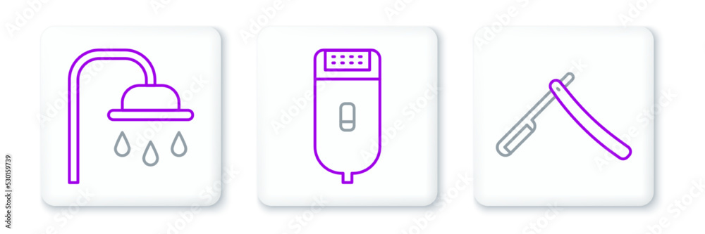 Set line Straight razor, Shower head and Electrical hair clipper shaver icon. Vector Set line Straight razor, Shower head and Electrical hair clipper shaver icon. Vector