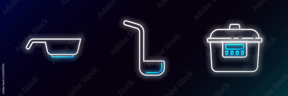 Set line Slow cooker, Frying pan and Kitchen ladle icon. Glowing neon. Vector Set line Slow cooker, Frying pan and Kitchen ladle icon. Glowing neon. Vector