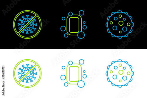 Set line Virus, Stop virus and Bar of soap icon. Vector