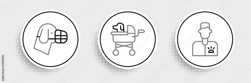 Set line Veterinarian doctor, Dog muzzle and Pet stroller icon. Vector Set line Veterinarian doctor, Dog muzzle and Pet stroller icon. Vector