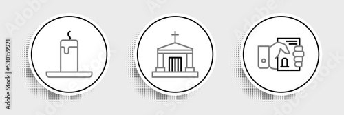 Set line Death certificate in hand, Burning candle and Old crypt icon. Vector