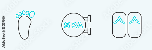 Set line Flip flops, Foot massage and Spa salon icon. Vector
