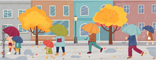 Autumn rainy weather in the city. People with umbrellas are walking under the rain. Autumn in the town. People are walking in rain on city street with buildings. Persons with umbrellas.