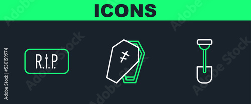 Set line Shovel, Speech bubble rip death and Coffin with cross icon. Vector