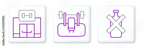 Set line No alcohol, Gym building and Bench with barbel icon. Vector