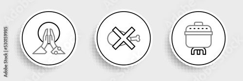 Set line Cooking pot, Meditation and No meat icon. Vector