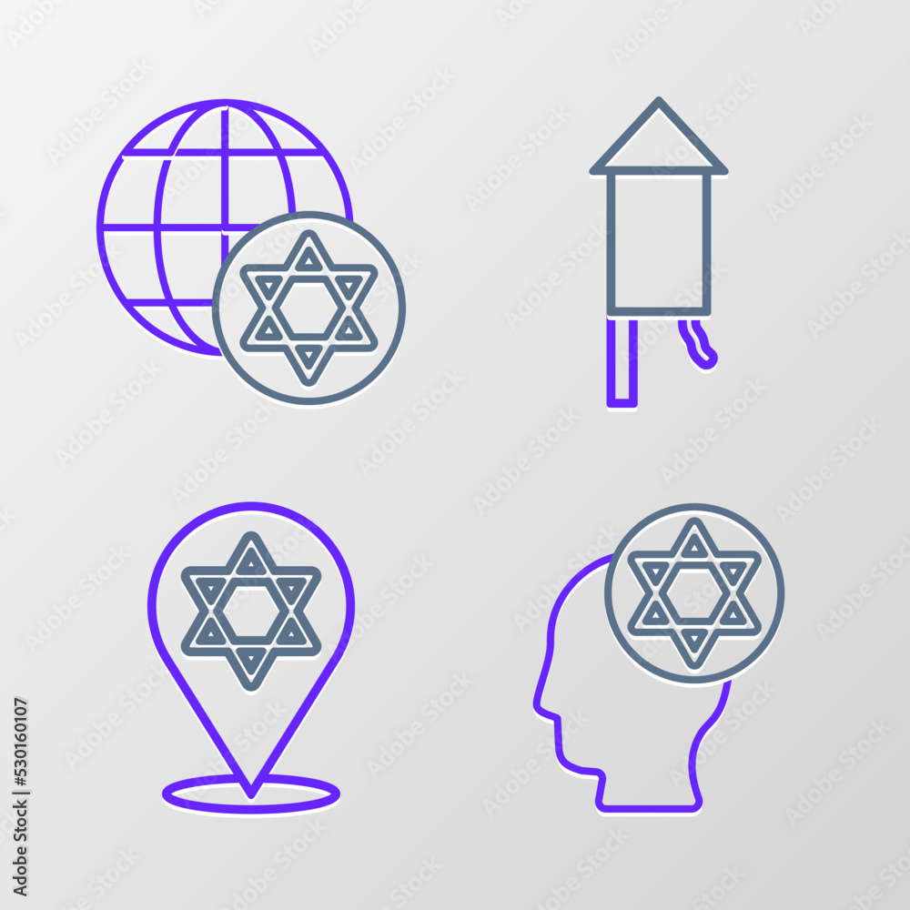 Set line Orthodox jewish hat, Star of David, Firework rocket and World Globe and Israel icon. Vector Set line Orthodox jewish hat, Star of David, Firework rocket and World Globe and Israel icon. Vector