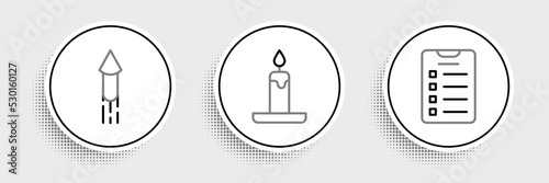 Set line New year goals list, Firework rocket and Burning candle icon. Vector