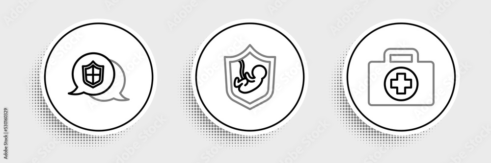 Set line First aid kit, Location shield and Life insurance with icon. Vector