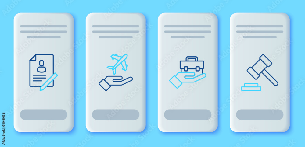 Set line Plane in hand, Hand holding briefcase, Document with shield and Judge gavel icon. Vector