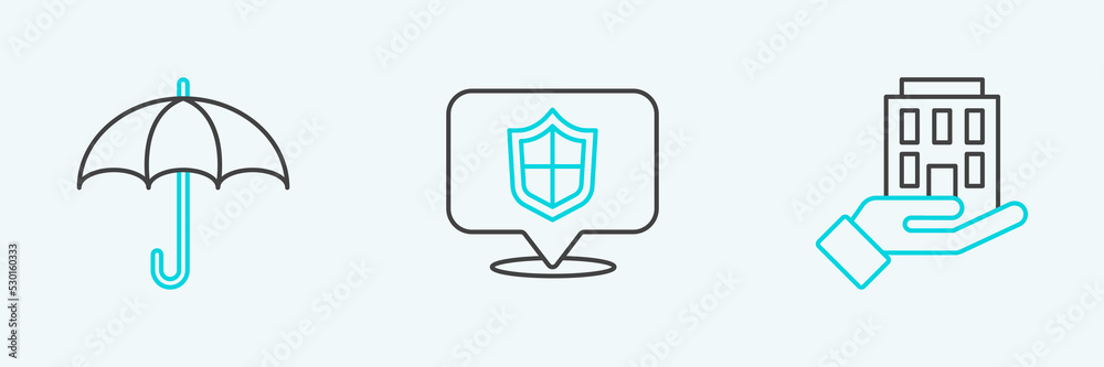 Set line House in hand, Umbrella and Location shield icon. Vector Set line House in hand, Umbrella and Location shield icon. Vector