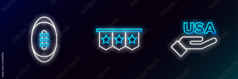 Set line USA Independence day, American Football ball and Carnival garland with flags icon. Glowing neon. Vector Set line USA Independence day, American Football ball and Carnival garland with flags icon. Glowing neon. Vector