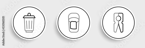 Set line Clothes pin, Trash can and Bucket with rag icon. Vector