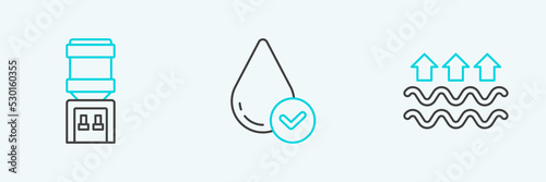 Set line Waves of water and evaporation, Water cooler and drop icon. Vector