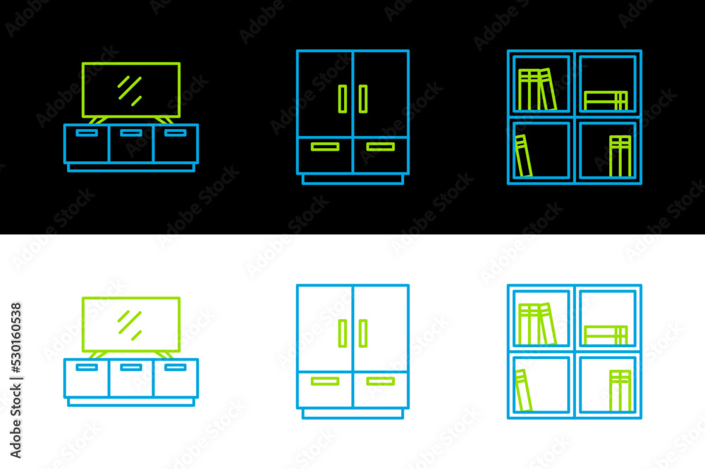 Set line Shelf with books, TV table stand and Wardrobe icon. Vector Set line Shelf with books, TV table stand and Wardrobe icon. Vector