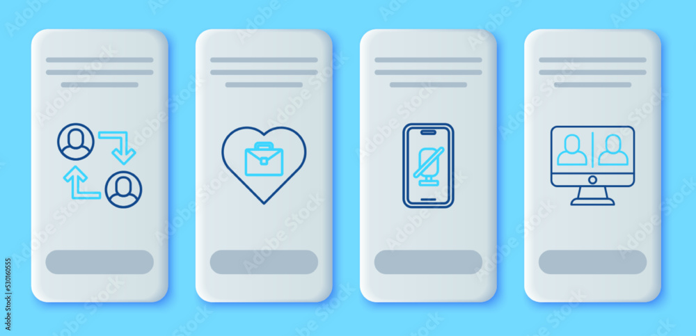 Set line Heart with text work, Mute microphone on mobile, Project team base and Video chat conference icon. Vector
