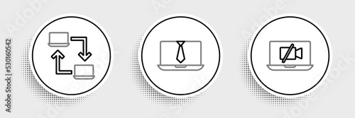 Set line Video camera Off on laptop, Online working and chat conference icon. Vector